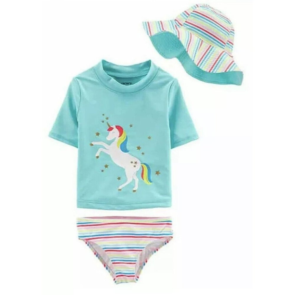 NWT-CARTERS~Girls SZ: 18 M UPF 50+ 3PC Unicorn Swim/Bathing Suit Rash Guard/Hat